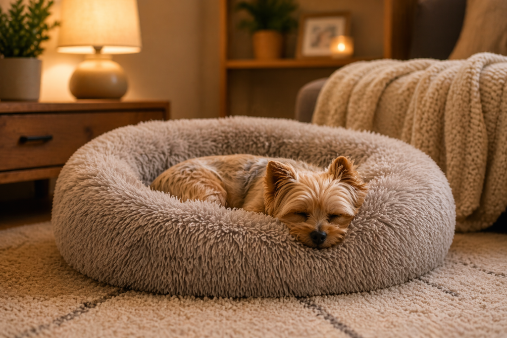 anxious small dog resting on a calming dog bed