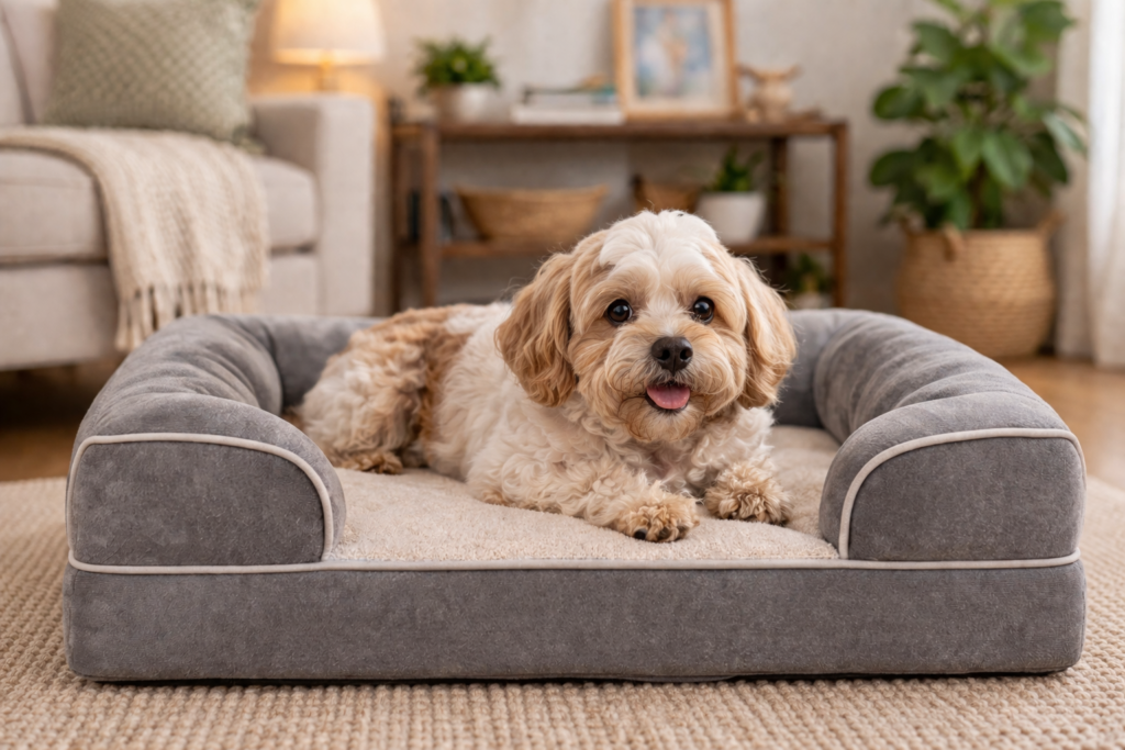 small senior dog resting on orthopedic dog bed